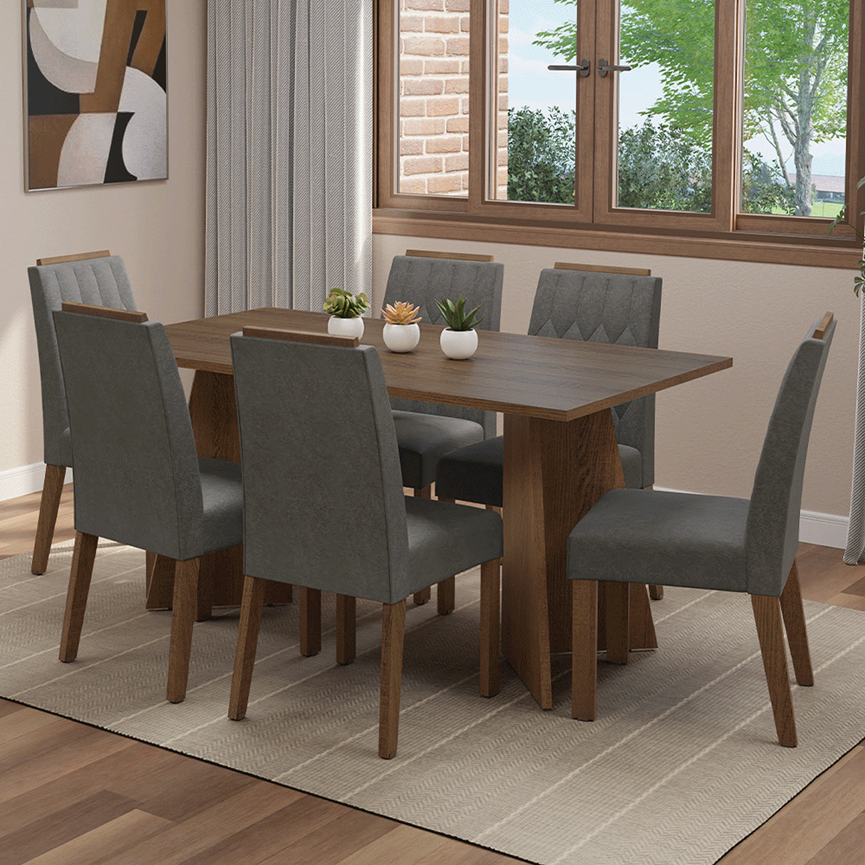 Juego de comedor Leon Marrón y Plateado 160x78cm Rectangular de Seis Puestos con Seis Sillas - COMEDORES | Bylmo