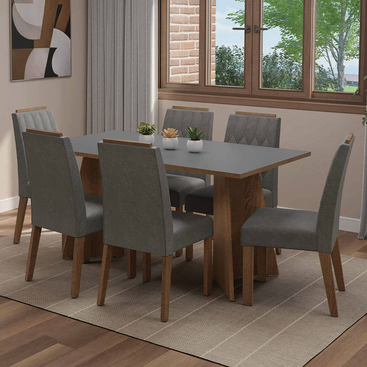 Juego de comedor Leon Marrón y Gris 160x78cm Rectangular de Seis Puestos con Seis Sillas - COMEDORES | Bylmo