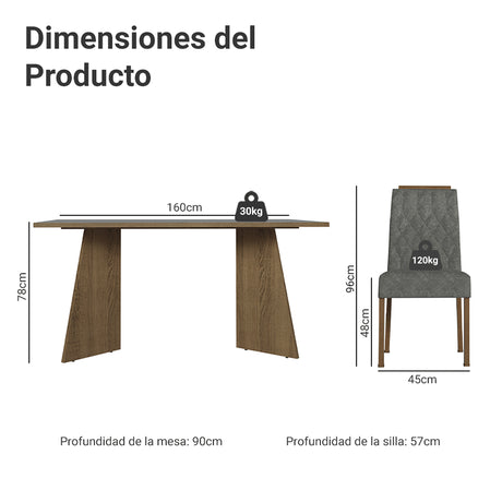 Juego de comedor Leon Marrón y Gris 160x78cm Rectangular de Seis Puestos con Seis Sillas - COMEDORES | Bylmo