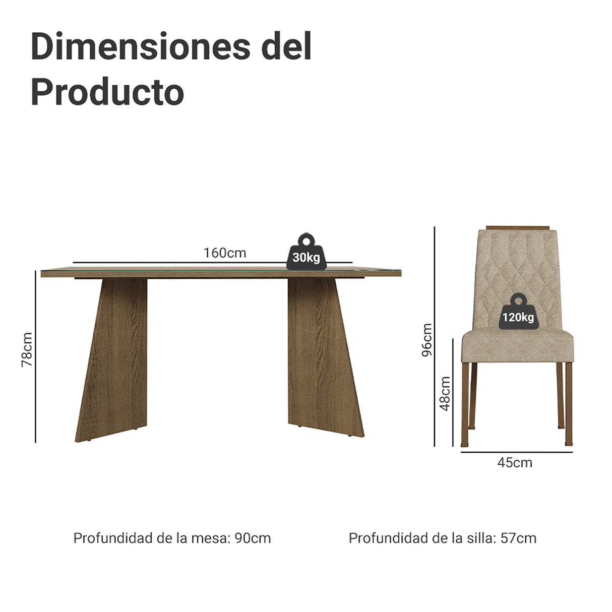 Juego de comedor Sintra Marrón y Crema 160x78cm Rectangular de Seis Puestos con Seis Sillas - COMEDORES | Bylmo