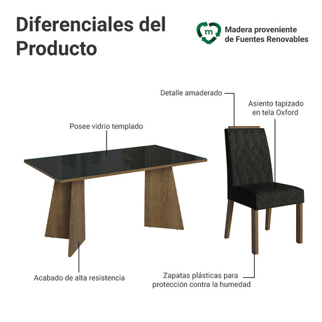 Juego de comedor Sintra Marrón y Negro Oxford 160x78cm Rectangular de Seis Puestos con Seis Sillas - COMEDORES | Bylmo