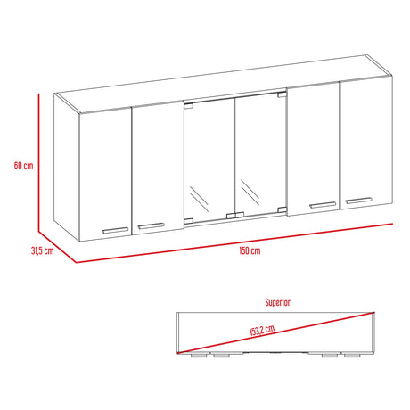 Mueble Superior de Cocina Blanco y Cartagena 150x60cm con Seis Puertas con Locero - MUEBLES SUPERIORES DE COCINA | Bylmo