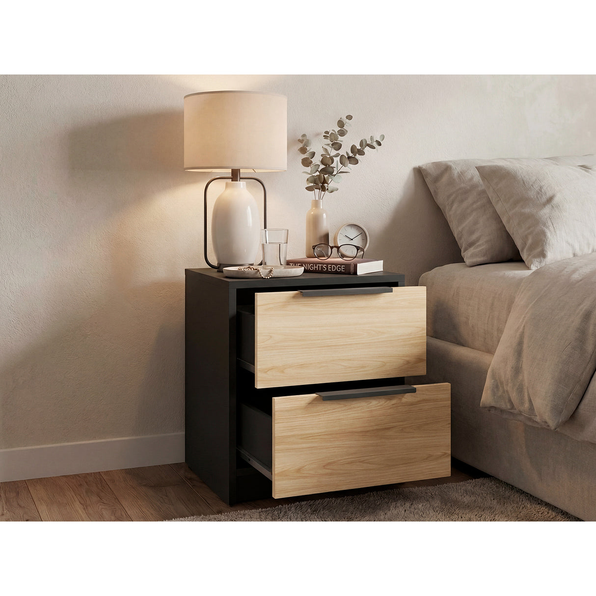 Mesa de Noche Kaia Fresno 48x41cm con Dos Cajones - MESAS DE NOCHE | Bylmo