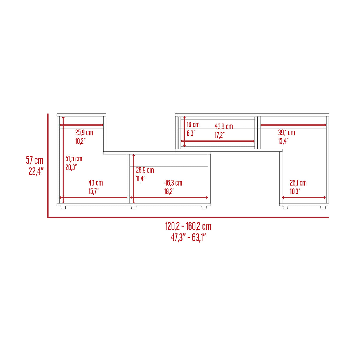 Rack de TV Zembrano Cartagena y Blanco 160x54.5cm para TV Hasta 40 Pulgadas y con Cuatro Compartimientos - MUEBLES DE TV | Bylmo