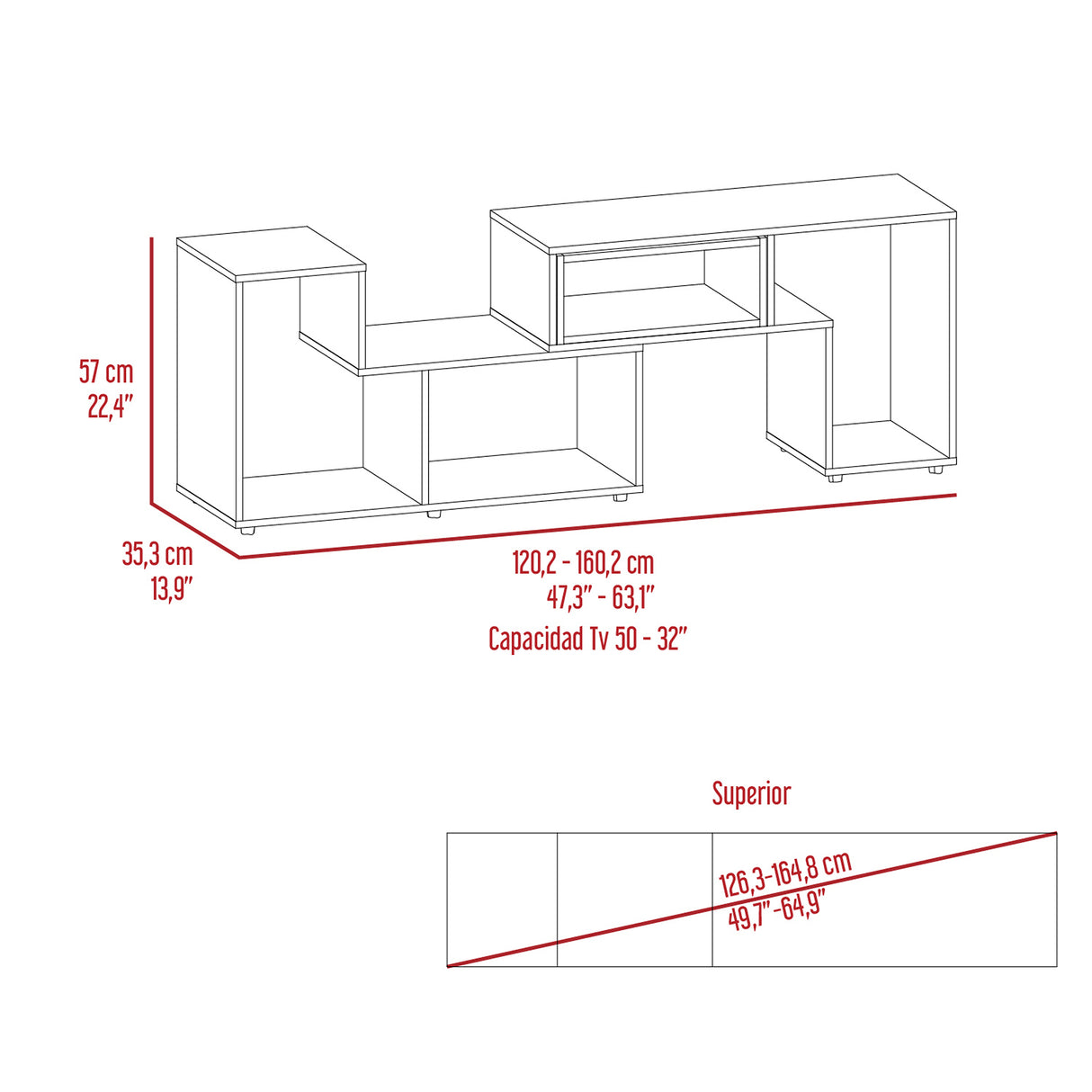 Rack de TV Zembrano Cartagena y Blanco 160x54.5cm para TV Hasta 40 Pulgadas y con Cuatro Compartimientos - MUEBLES DE TV | Bylmo