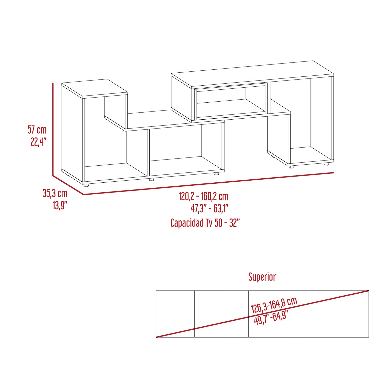 Rack de TV Zembrano Cartagena y Blanco 160x54.5cm para TV Hasta 40 Pulgadas y con Cuatro Compartimientos - MUEBLES DE TV | Bylmo