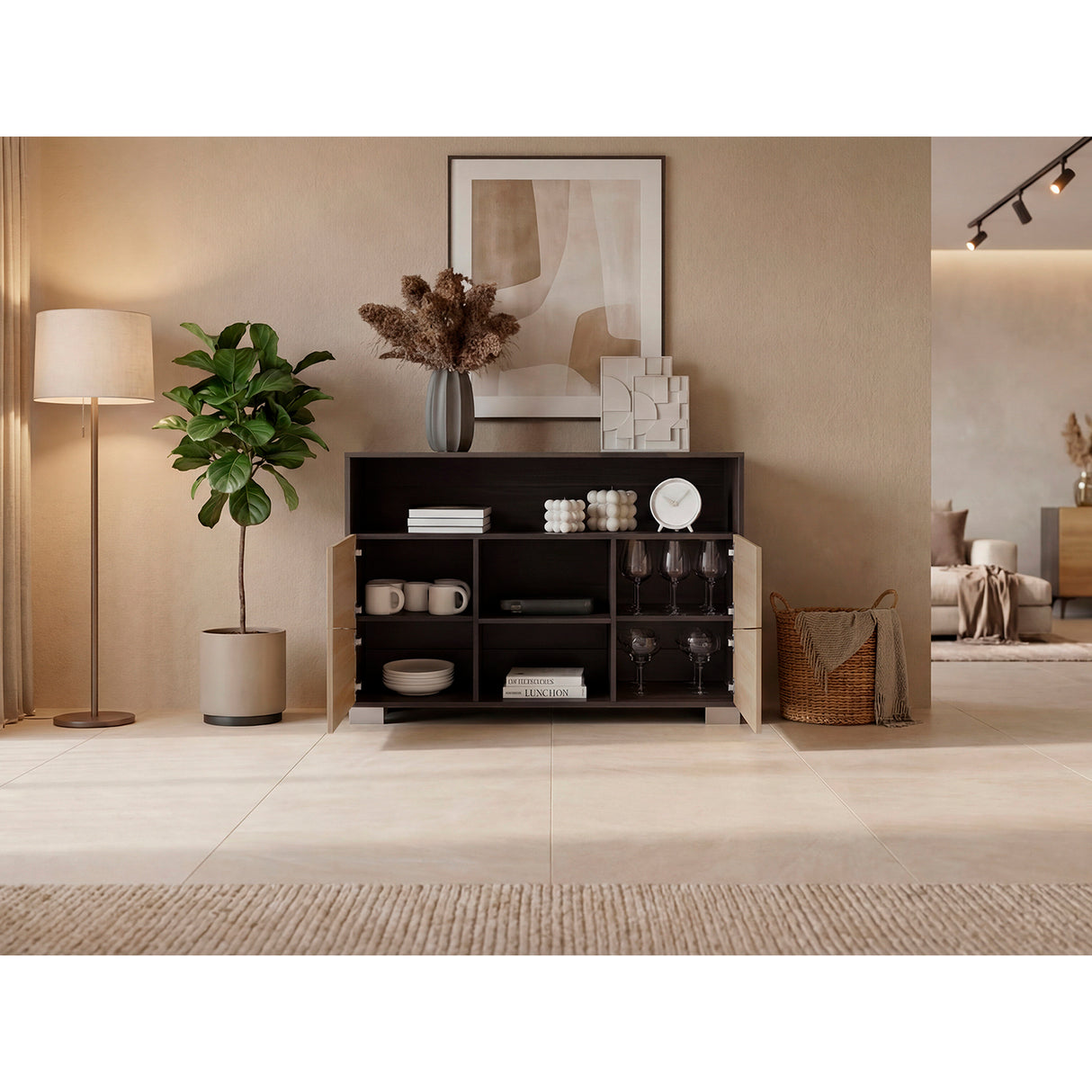 Arrimo Fraktal Fresno 120.3x82cm sin Cajones y con Siete Compartimientos - BIFES Y ARRIMOS | Bylmo