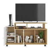 Rack de TV Valera Fresno y Blanco 120x65cm para TV Hasta 40 Pulgadas con Ranuras para Cables y con Cinco Compartimientos - MUEBLES DE TV | Bylmo