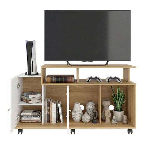 Rack de TV Valera Fresno y Blanco 120x65cm para TV Hasta 40 Pulgadas con Ranuras para Cables y con Cinco Compartimientos - MUEBLES DE TV | Bylmo