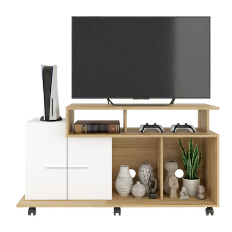 Rack de TV Valera Fresno y Blanco 120x65cm para TV Hasta 40 Pulgadas con Ranuras para Cables y con Cinco Compartimientos - MUEBLES DE TV | Bylmo