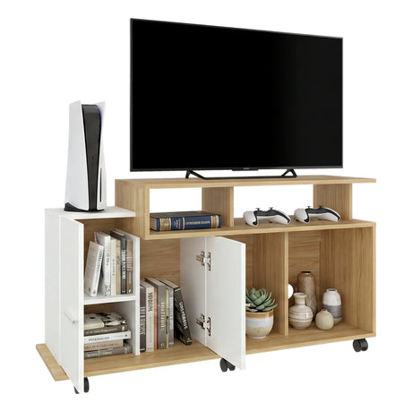 Rack de TV Valera Fresno y Blanco 120x65cm para TV Hasta 40 Pulgadas con Ranuras para Cables y con Cinco Compartimientos - MUEBLES DE TV | Bylmo