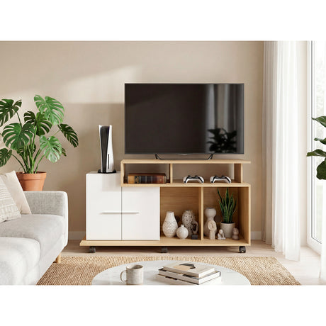 Rack de TV Valera Fresno y Blanco 120x65cm para TV Hasta 40 Pulgadas con Ranuras para Cables y con Cinco Compartimientos - MUEBLES DE TV | Bylmo
