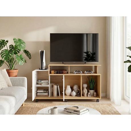 Rack de TV Valera Fresno y Blanco 120x65cm para TV Hasta 40 Pulgadas con Ranuras para Cables y con Cinco Compartimientos - MUEBLES DE TV | Bylmo