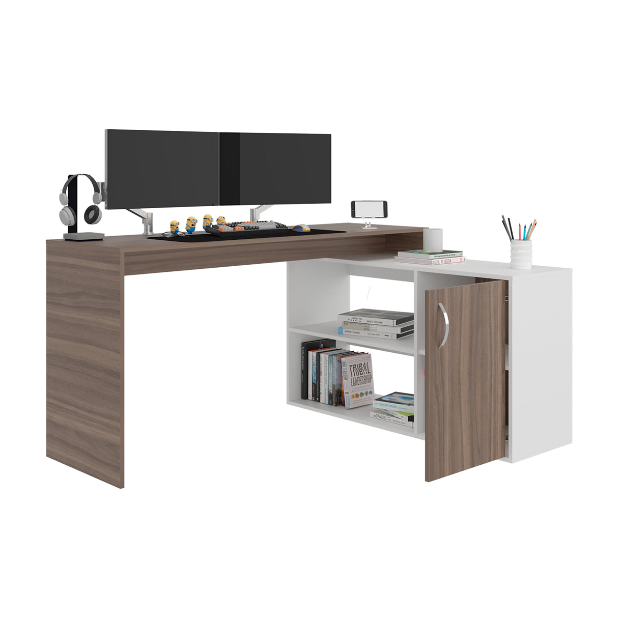 Escritorio en L Axis Avellana y Blanco 151.5x76.5cm sin Cajones y con Organizador de Libros - ESCRITORIOS | Bylmo