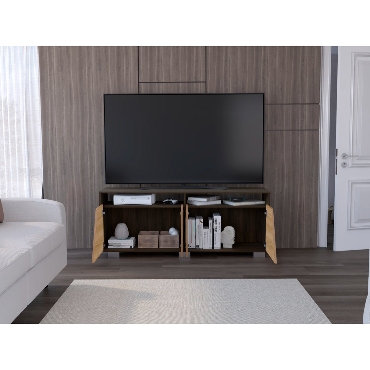 Rack de TV Fracktal Fresno 155.5x61.3cm para TV Hasta 70 Pulgadas y con Cuatro Compartimientos - MUEBLES DE TV | Bylmo