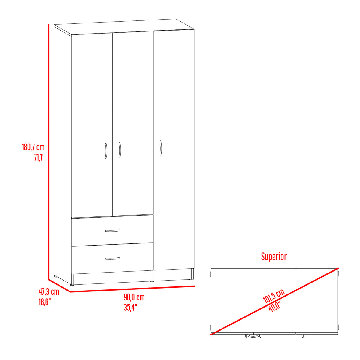 Closet Austral Avellana 90x180cm con 2 Cajones con 3 Entrepaños - CLOSETS | Bylmo