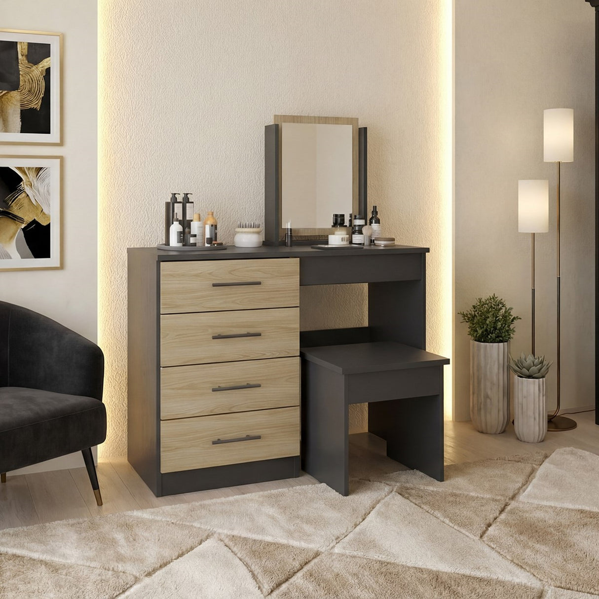 Tocador Kaia Wengue y Fresno 100x126.7cm con Cuatro Cajones y con Espejo - TOCADORES | Bylmo