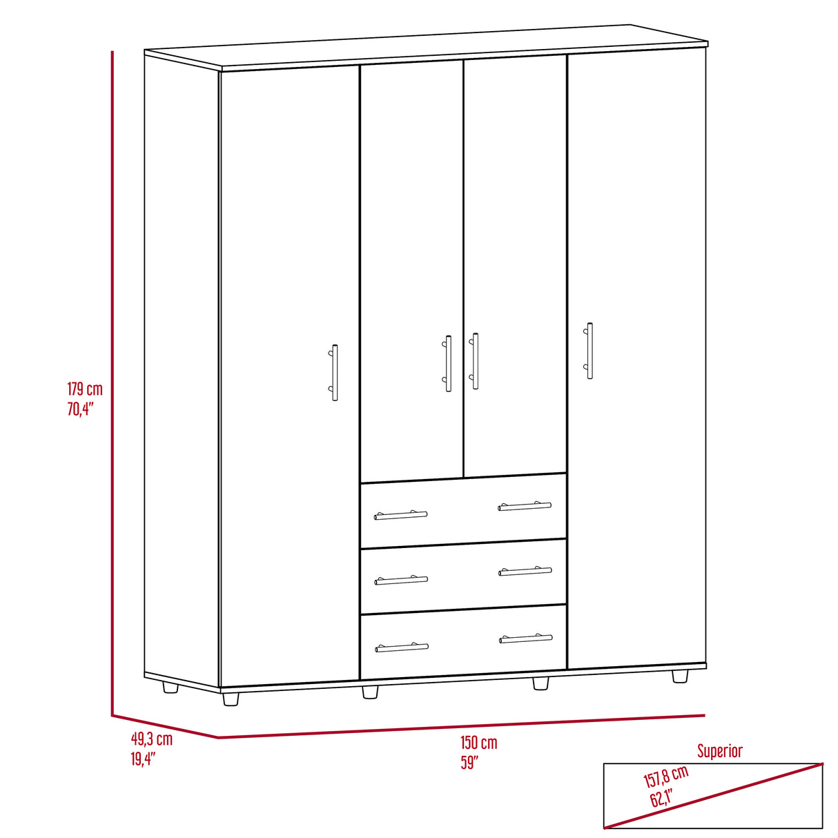 Closet Avellana y Blanco 150x179cm con 6 Cajones con 2 Entrepaños - CLOSETS | Bylmo