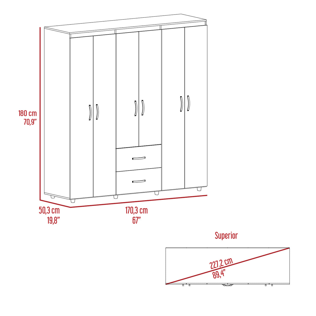 Closet Bariloche Cartagena 170x180cm con 2 Cajones con 4 Entrepaños - CLOSETS | Bylmo