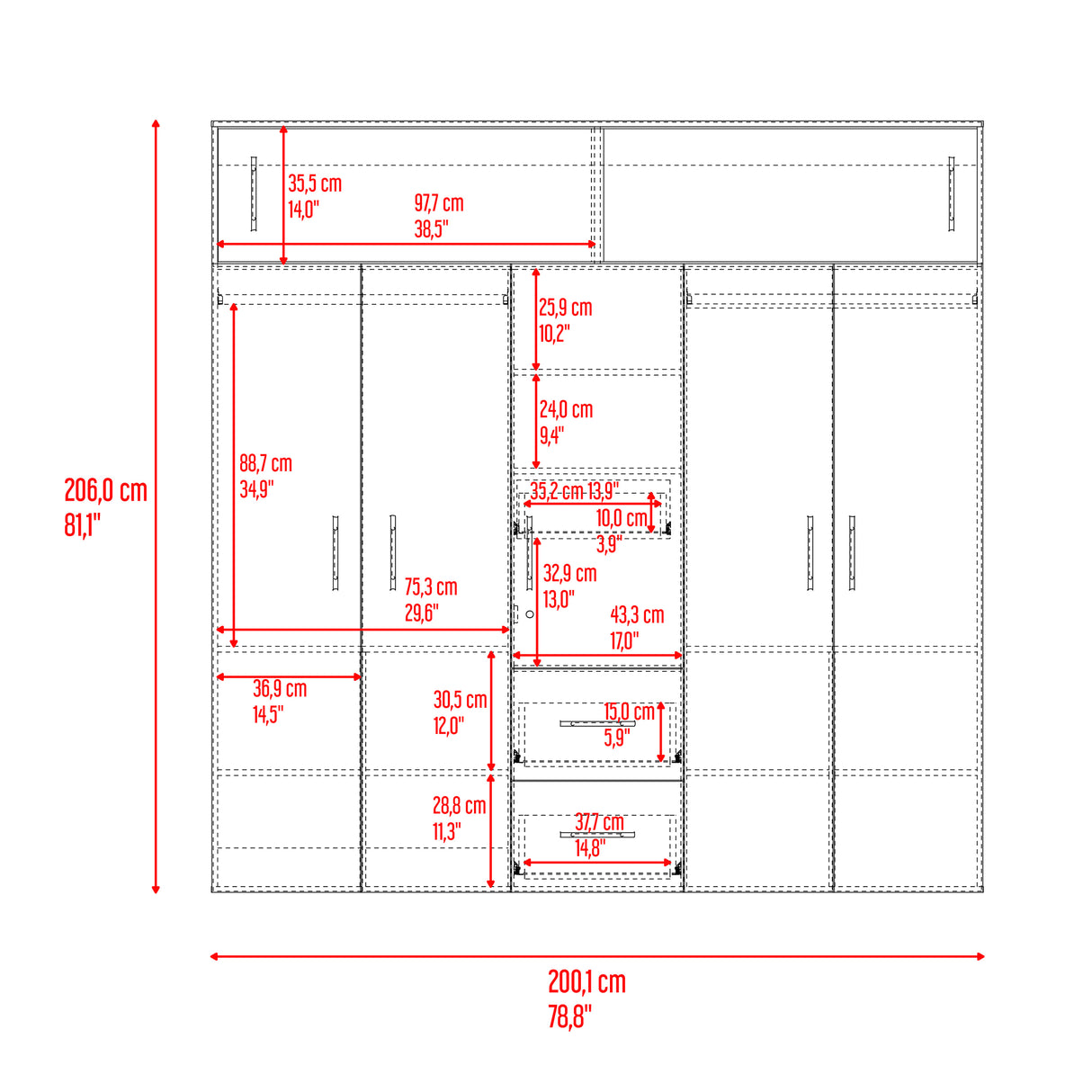 Closet Montevideo Positano y Blanco 200.1x206cm con 3 Cajones con 4 Entrepaños - CLOSETS | Bylmo