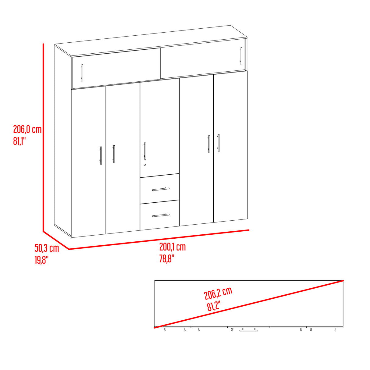 Closet Montevideo Positano y Blanco 200.1x206cm con 3 Cajones con 4 Entrepaños - CLOSETS | Bylmo