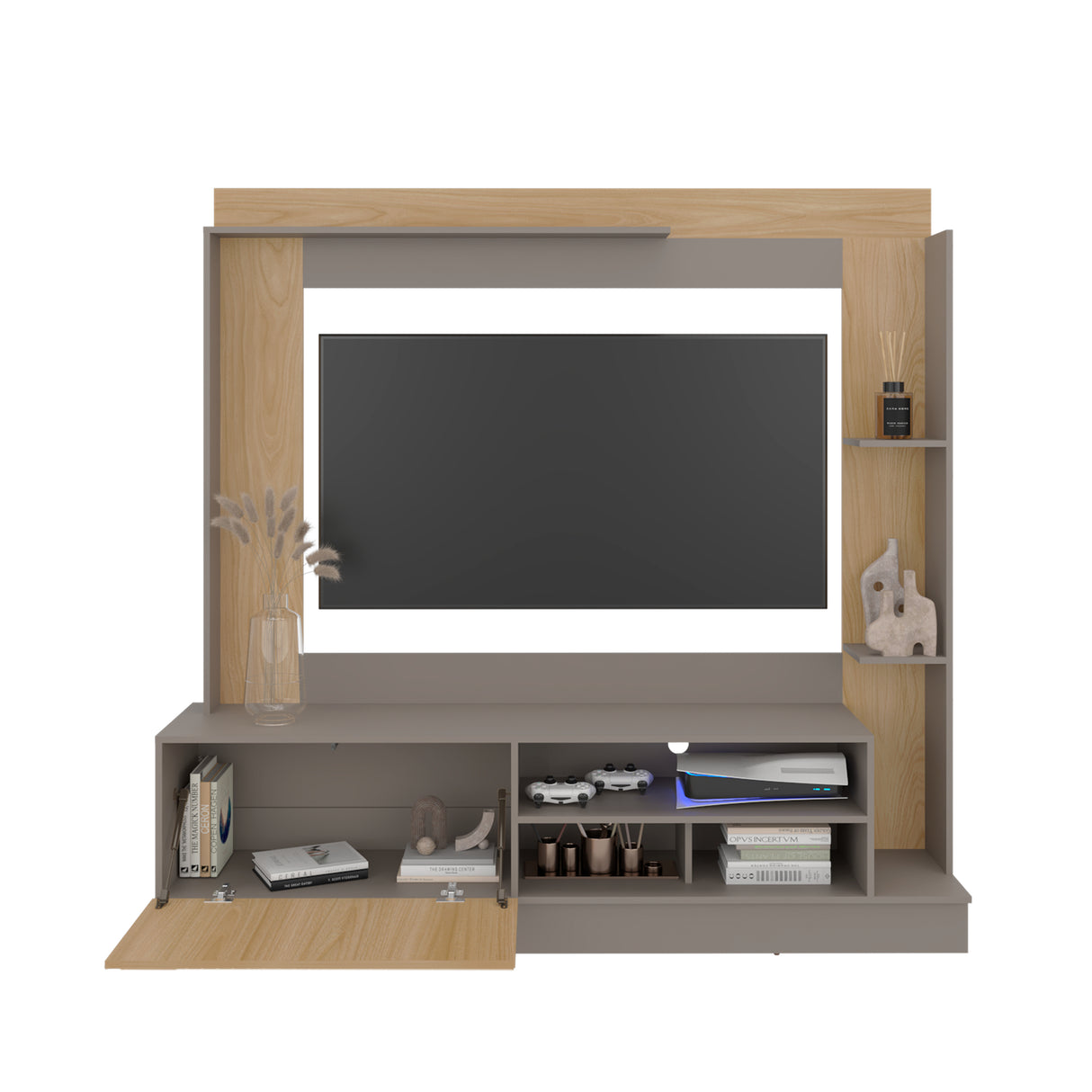 Centro de Entretenimiento Doha Fresno 180x180cm Para TV Hasta 60 Pulgadas con Un Cajón y con Ranuras para Cables - MUEBLES DE TV | Bylmo