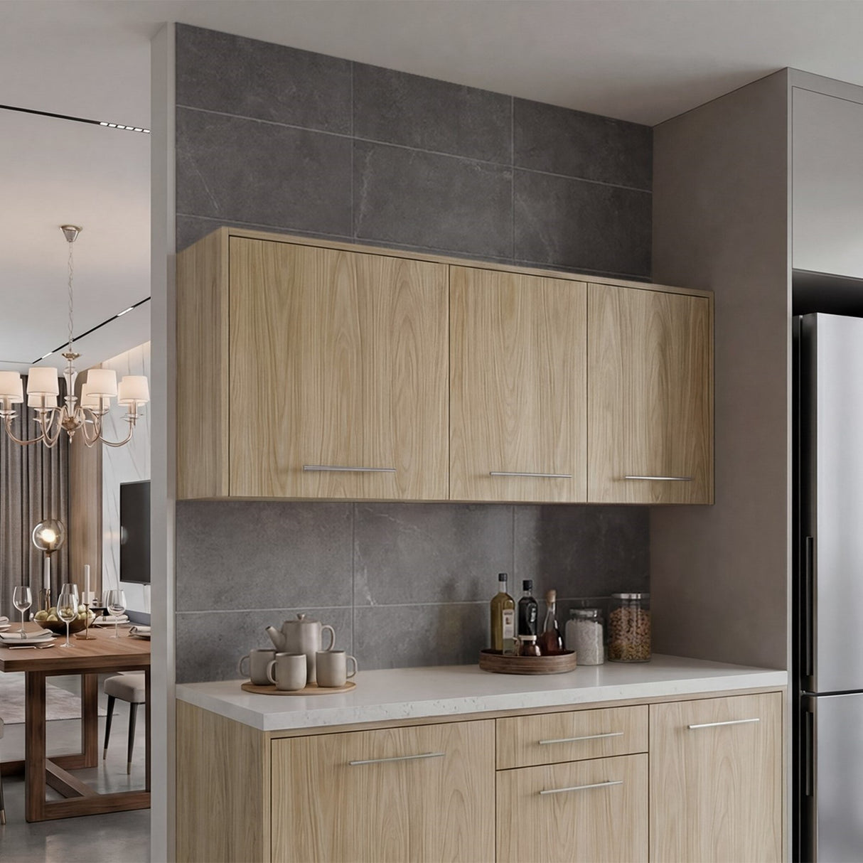 Mueble Superior de Cocina Orion Fresno 120x54.5cm con Tres Puertas y con Locero - MUEBLES SUPERIORES DE COCINA | Bylmo
