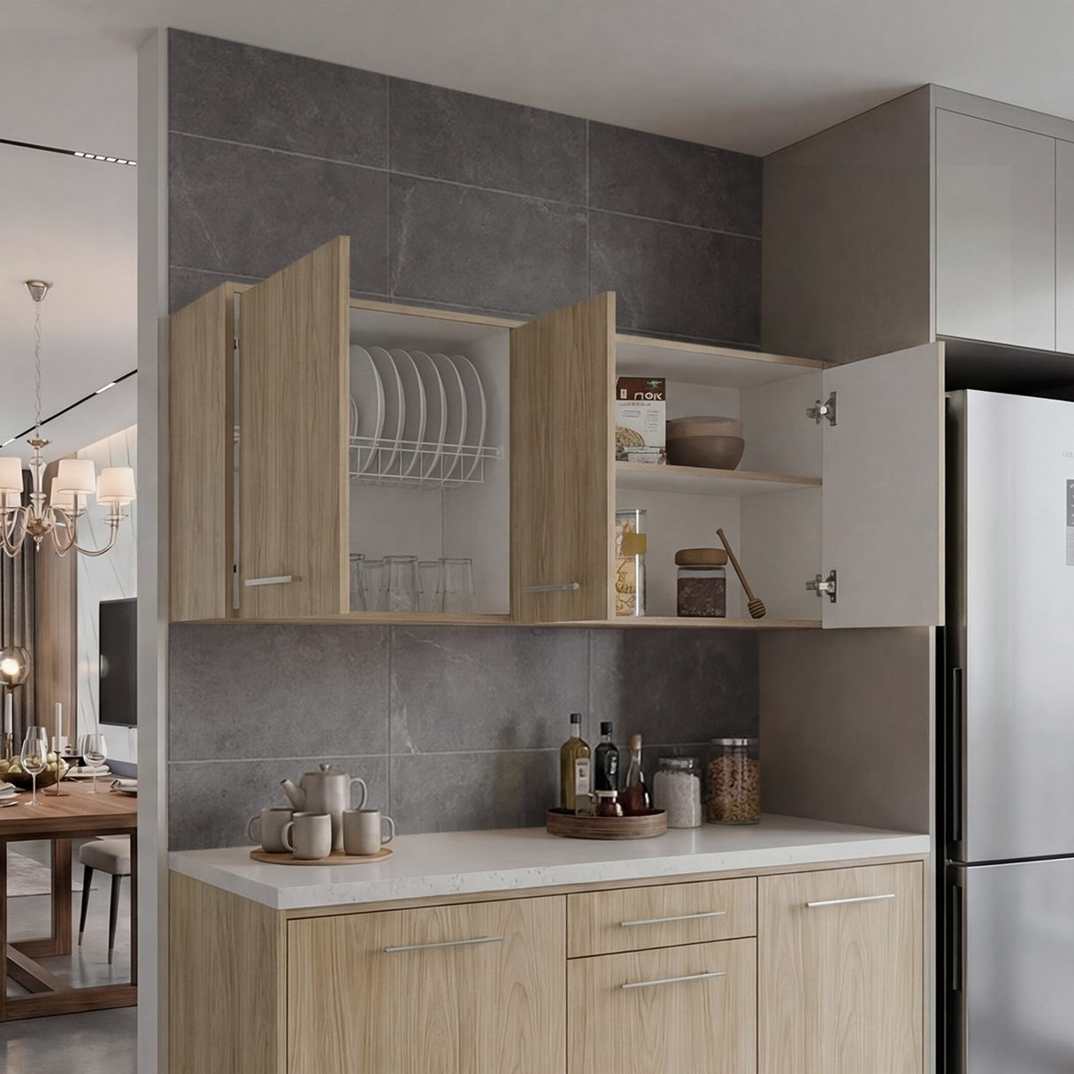 Mueble Superior de Cocina Orion Fresno 120x54.5cm con Tres Puertas y con Locero - MUEBLES SUPERIORES DE COCINA | Bylmo