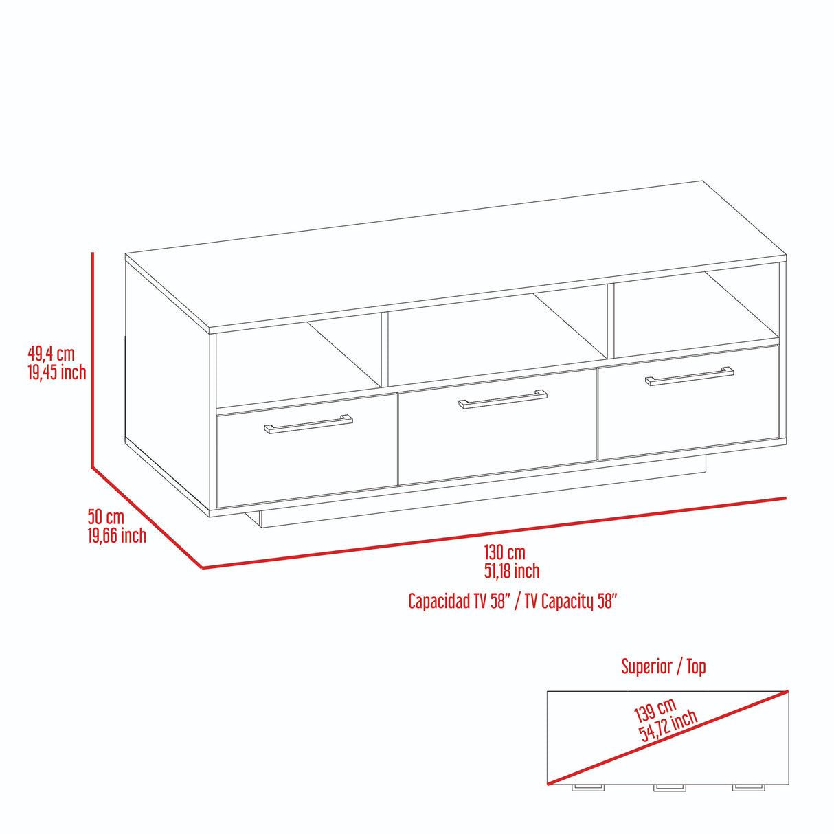 Rack de TV Wema Wengue Y Avellana 130x49cm Para TV Hasta 58 Pulgadas con Tres Cajones - MUEBLES DE TV | Bylmo