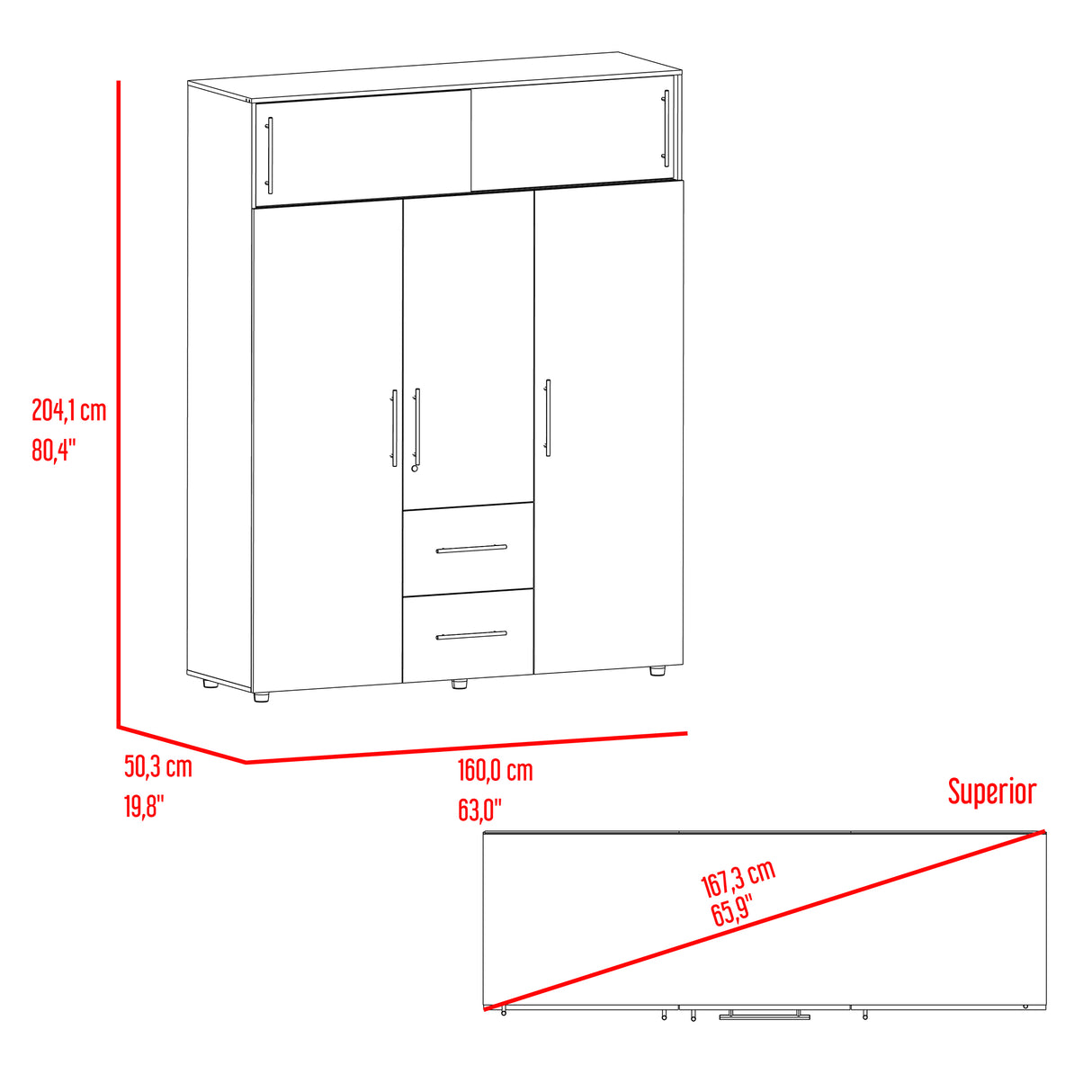 Closet Bigaf Avellana y Wengue 160x204cm Con Tres Cajones y Cuatro Entrepaños - CLOSETS | Bylmo