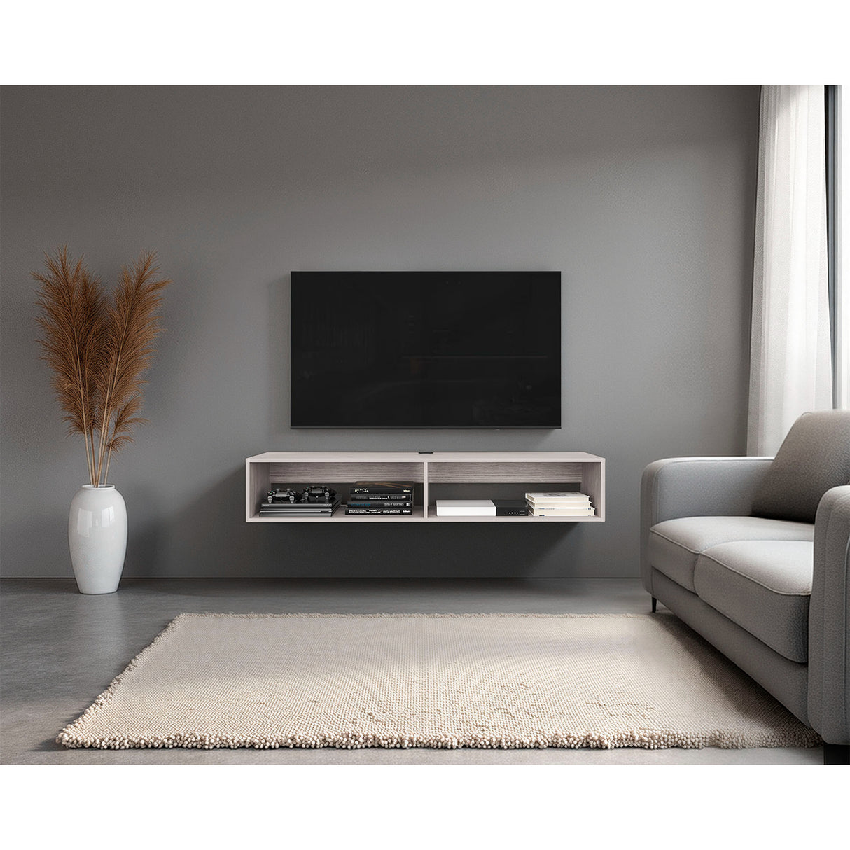 Rack de TV Flotante Gris Positano 150x26.5cm Para TV Hasta 65 Pulgadas con Ranuras para Cables - MUEBLES DE TV | Bylmo