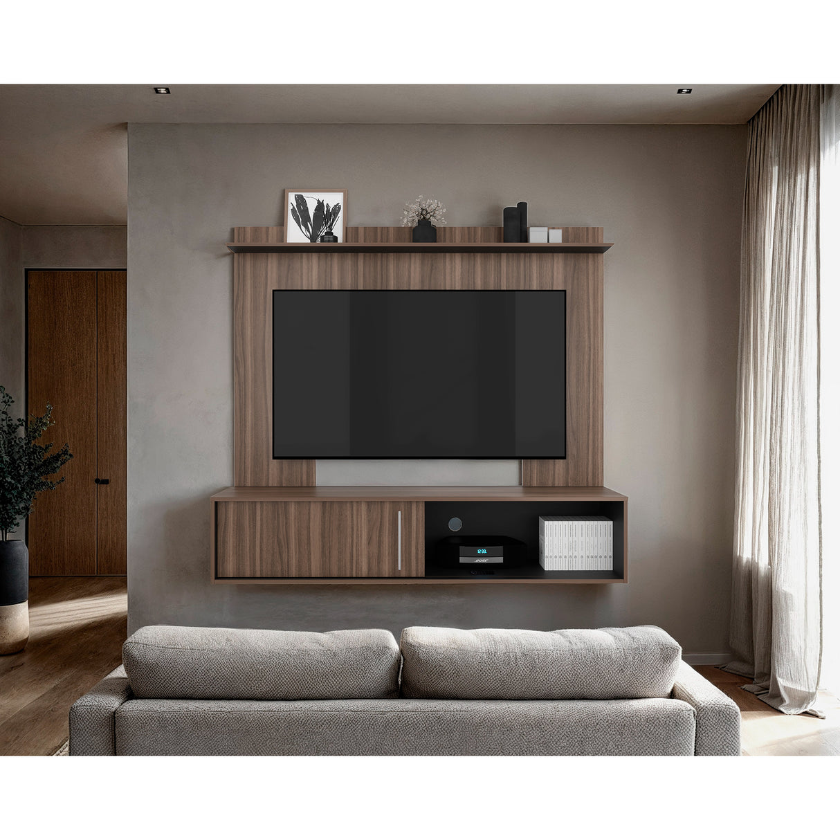 Panel de TV Bigaf Avellana y Wengue 145.6x38cm Para TV Hasta 60 Pulgadas Flotante - MUEBLES DE TV | Bylmo