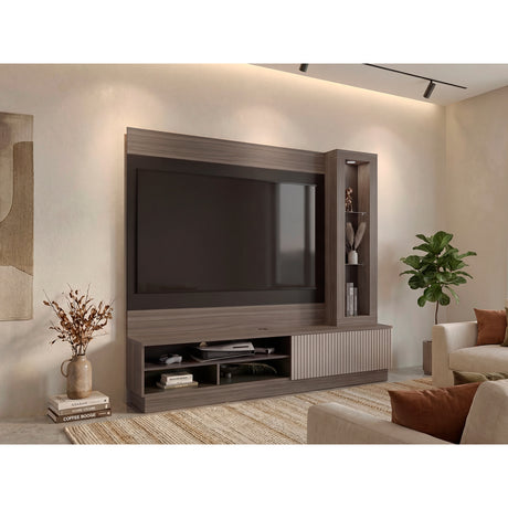 Centro de Entretenimiento Yakarta Avellana 200x180cm para TV Hasta 65" Pulgadas y con Siete Compartimientos - MUEBLES DE TV | Bylmo