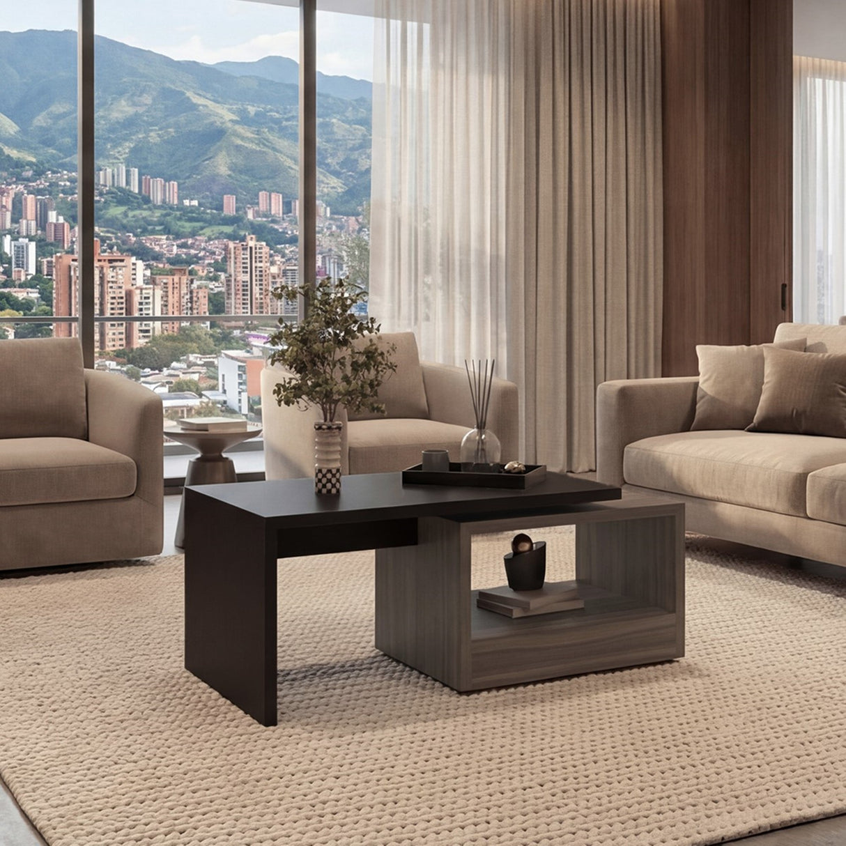 Mesa de Centro Kaia Wengue y Avellana 100.2x40cm Rectangular con Compartimiento - MESAS DE CENTRO | Bylmo