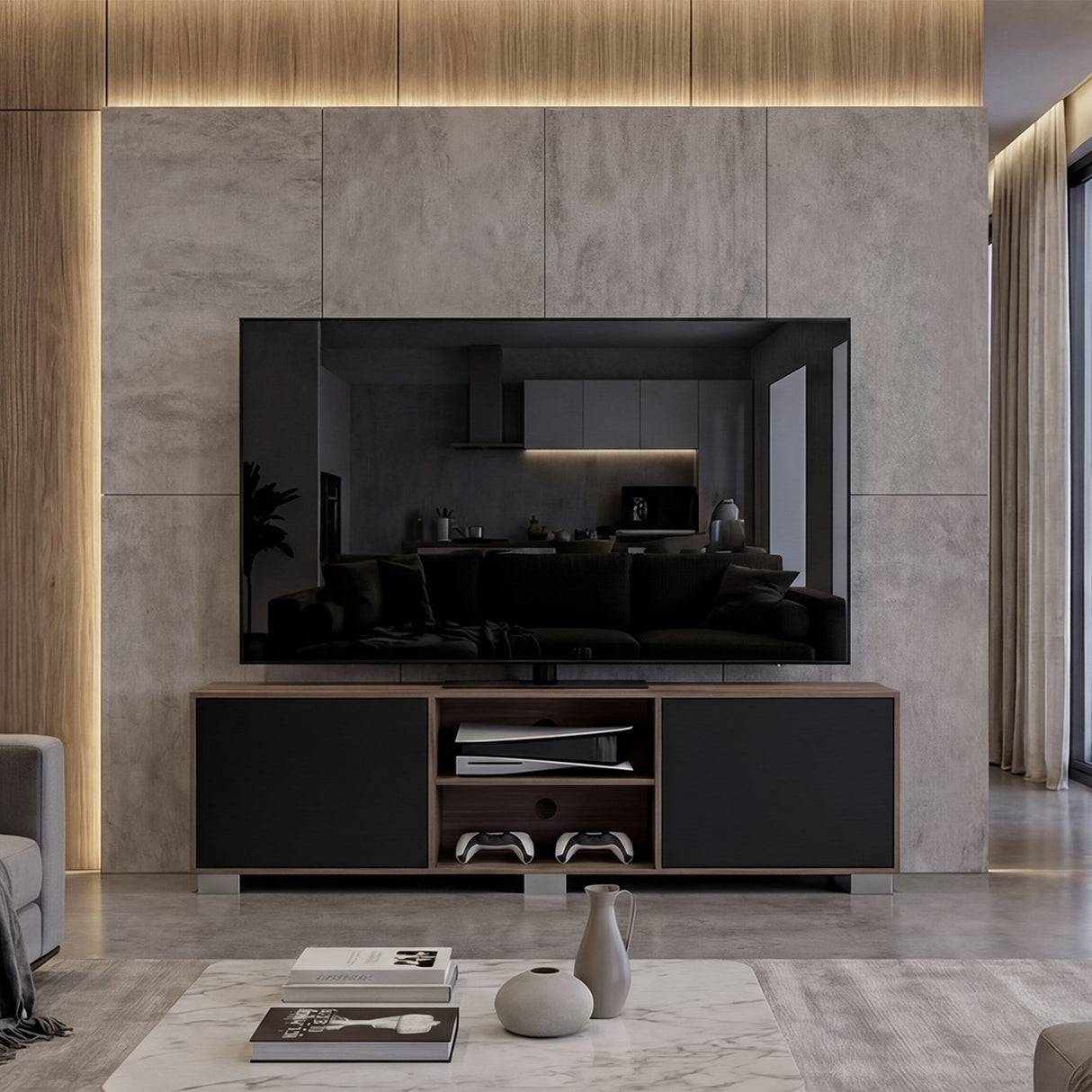 Rack de TV Classic Avellana y Wengue 180x52.5cm para TV Hasta 70" Pulgadas con Cuatro Compartimientos - MUEBLES DE TV | Bylmo