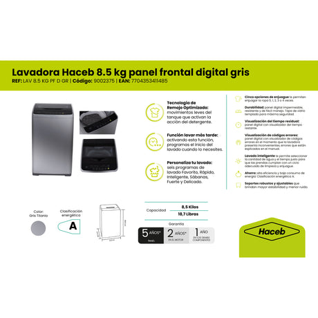 Lavadora Haceb Gris 52.3x89.8cm Para 8 Kilos con 6 Funciones Preconfiguradas - LAVADORAS Y SECADORAS | Bylmo