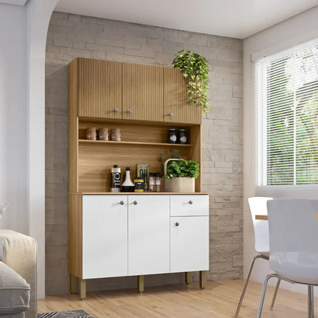 Alacena Blanco y Castaño 111x185cm con Un Cajón y con Seis Puertas - ALACENAS Y MUEBLES MICROONDAS | Bylmo