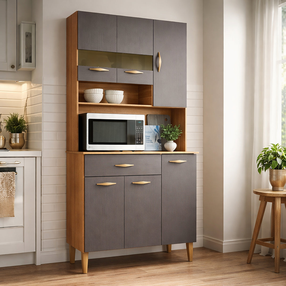 Alacena Gris y Castaño 92x176cm con Un Cajón y con Seis Puertas - ALACENAS Y MUEBLES MICROONDAS | Bylmo