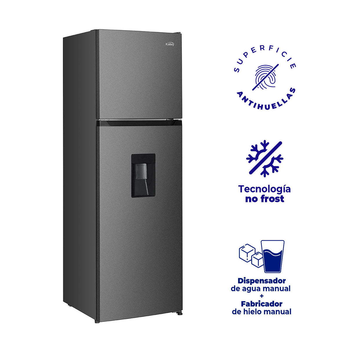 Nevera Inverter No Frost Kalley Gris Oscuro 60.5x170.5cm de 332 Litros con Dispensador de Agua y con Congelador Superior - NEVERAS | Bylmo