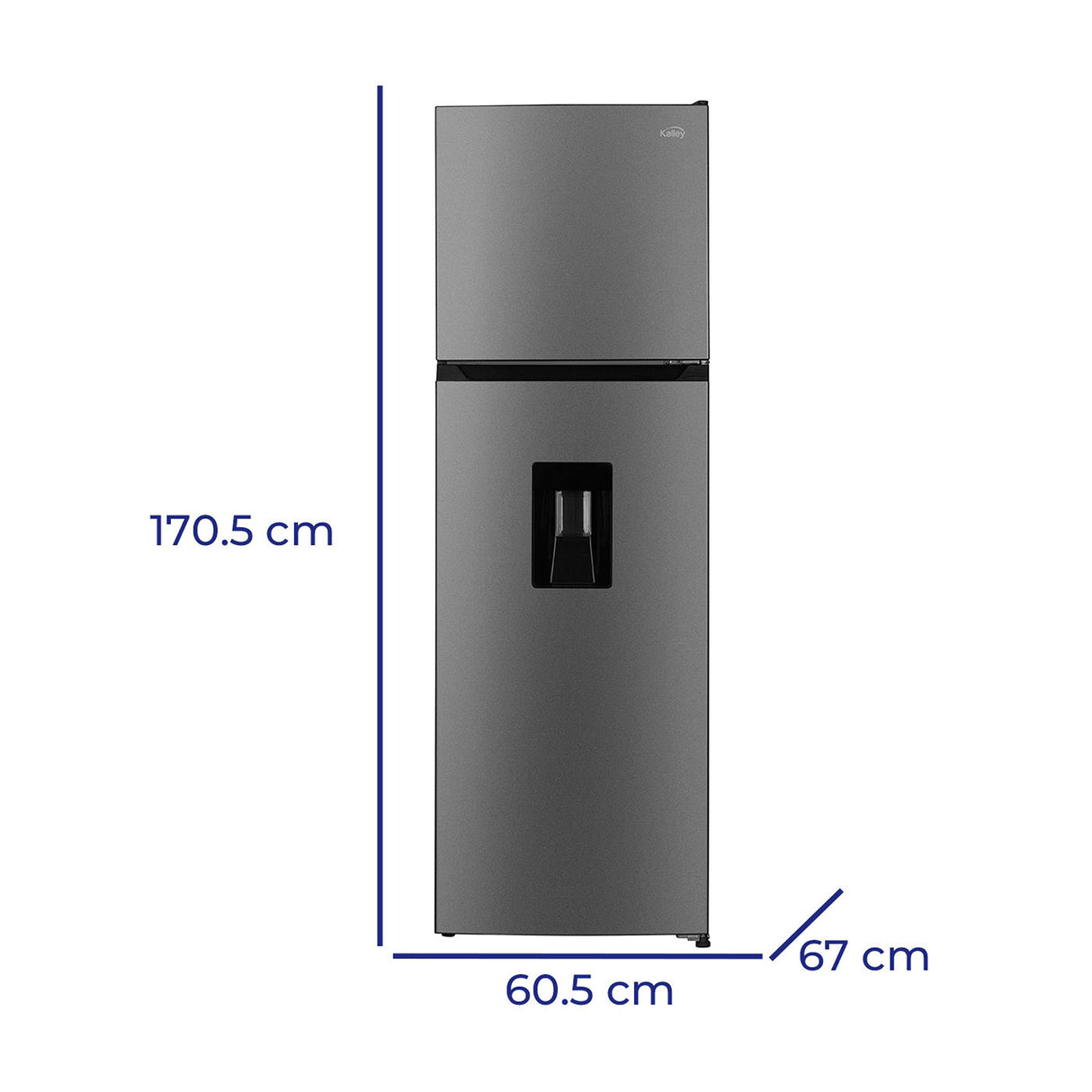 Nevera Inverter No Frost Kalley Gris Oscuro 60.5x170.5cm de 332 Litros con Dispensador de Agua y con Congelador Superior - NEVERAS | Bylmo