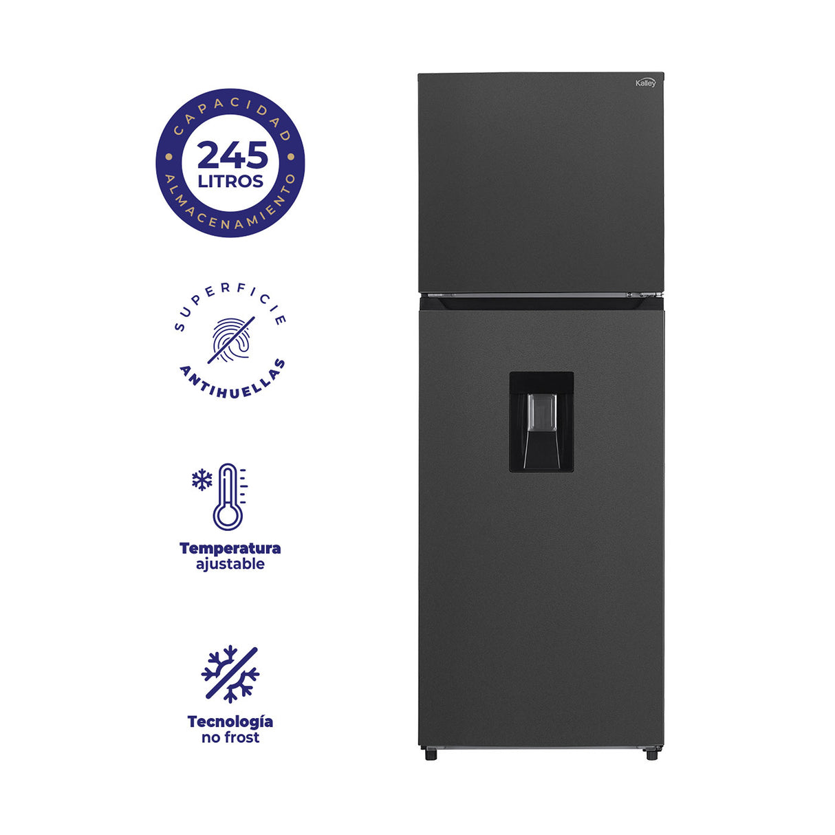 Nevera Inverter No Frost Kalley Gris Oscuro 54x166.8cm de 245 Litros con Dispensador de Agua y con Congelador Superior - NEVERAS | Bylmo