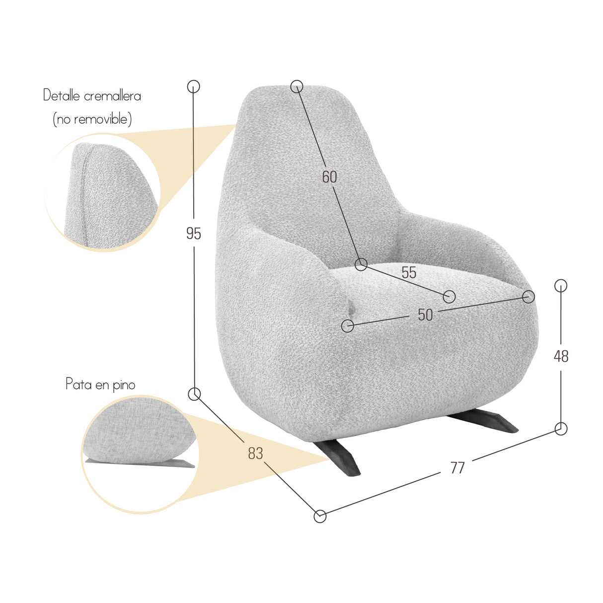 Poltrona Rusell Gris y Matiz Natural 77x95cm de Un Puesto con Apoya Brazos
