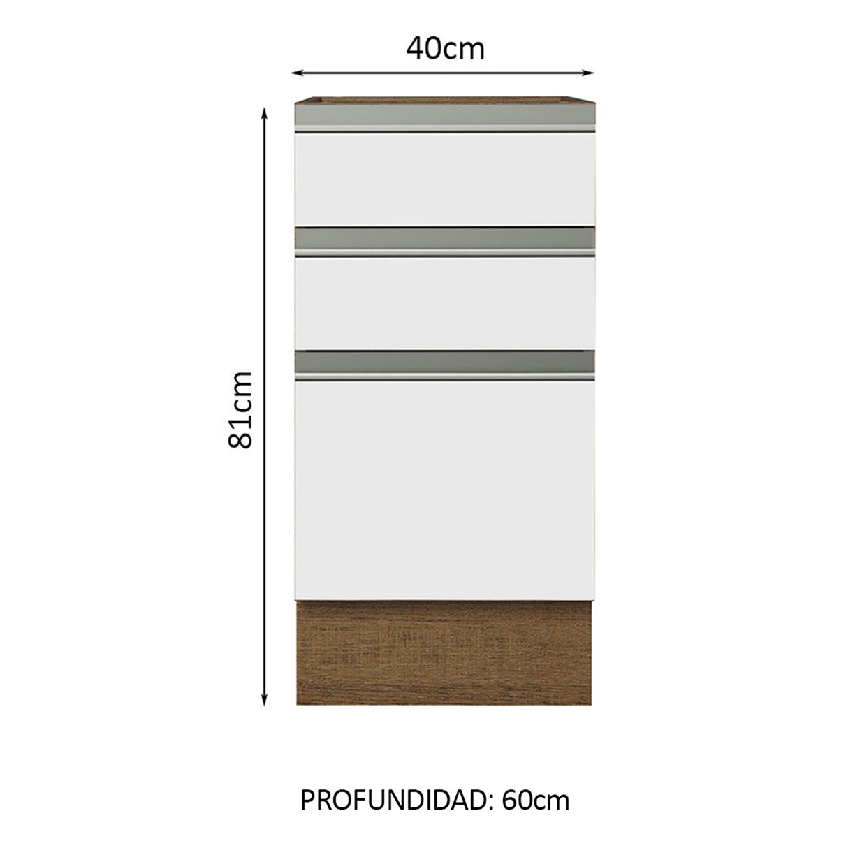 Gabinete de Cocina Glamy Marrón y Blanco 40x81cm sin Mesón sin Pozuelo y con Tres Cajones - MUEBLES INFERIORES DE COCINA | Bylmo