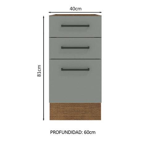 Gabinete de Cocina Agata Marrón y Gris 40x81cm sin Mesón sin Pozuelo y con Tres Cajones - MUEBLES INFERIORES DE COCINA | Bylmo