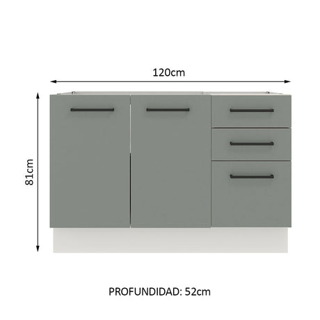 Gabinete de Cocina Agata Blanco y Gris 120x81cm sin Mesón sin Pozuelo y con Tres Cajones - MUEBLES INFERIORES DE COCINA | Bylmo