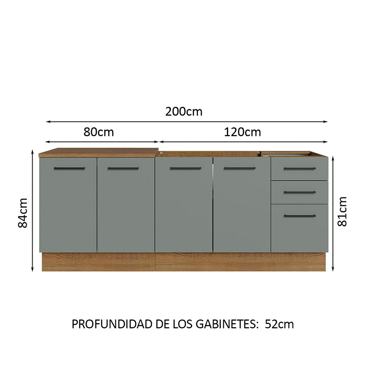 Set X 2 Muebles Inferiores de Cocina Agata Marrón y Gris 200x84cm sin Mesón sin Pozuelo y con Tres Cajones - MUEBLES INFERIORES DE COCINA | Bylmo