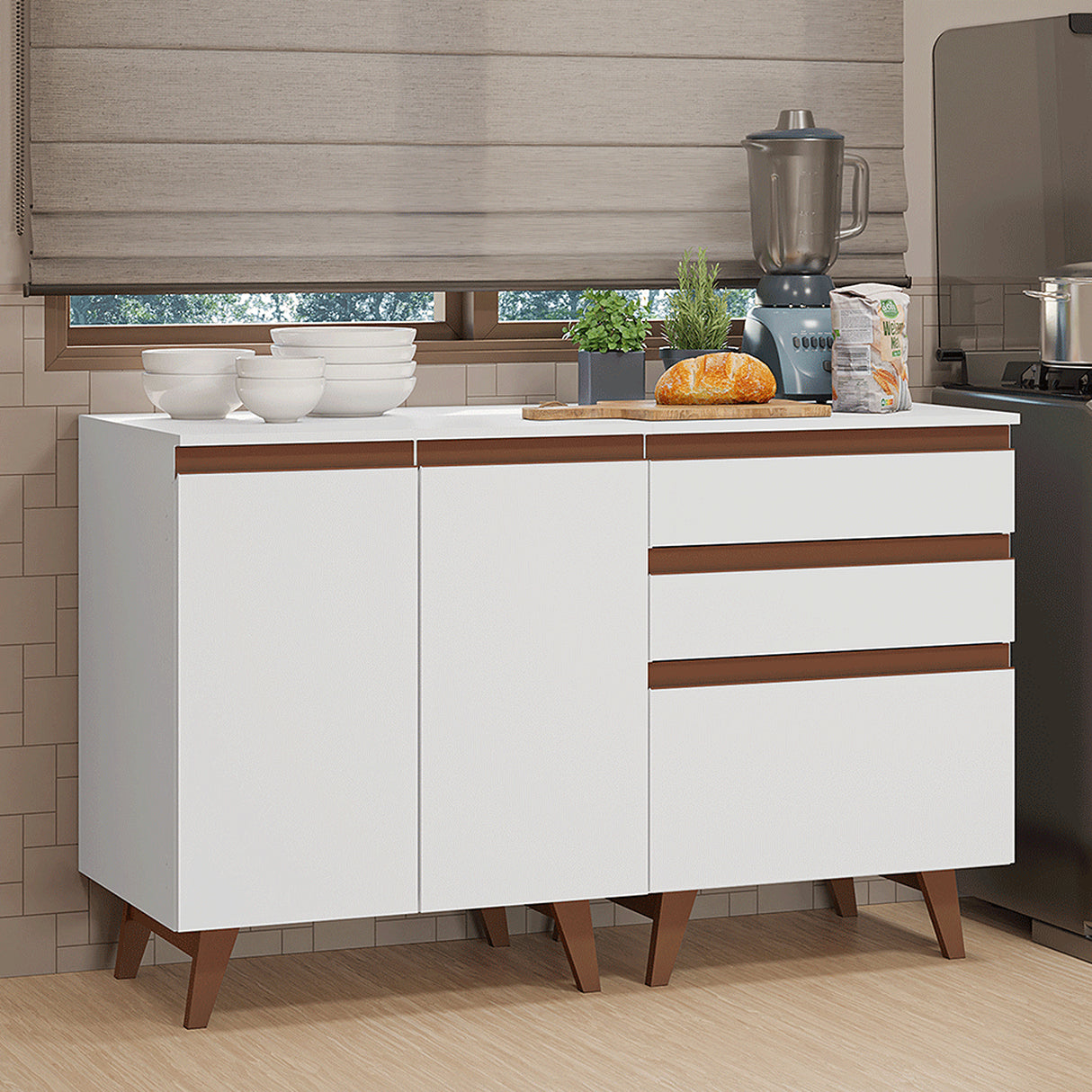 Set X 2 Muebles Inferiores de Cocina Reims Blanco 130x83cm sin Mesón sin Pozuelo y con Tres Cajones