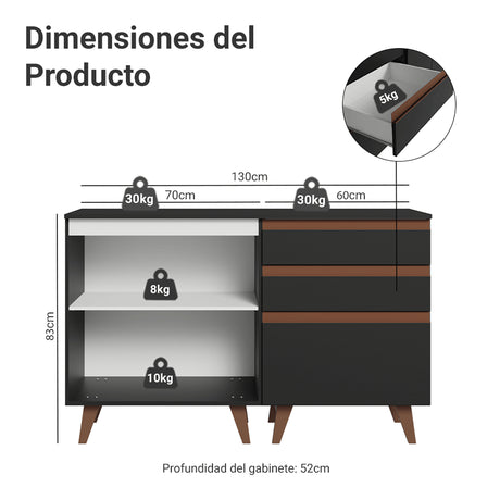 Set X 2 Muebles Inferiores de Cocina Reims Negro y Marrón 130x83cm sin Mesón sin Pozuelo y con Tres Cajones - MUEBLES INFERIORES DE COCINA | Bylmo