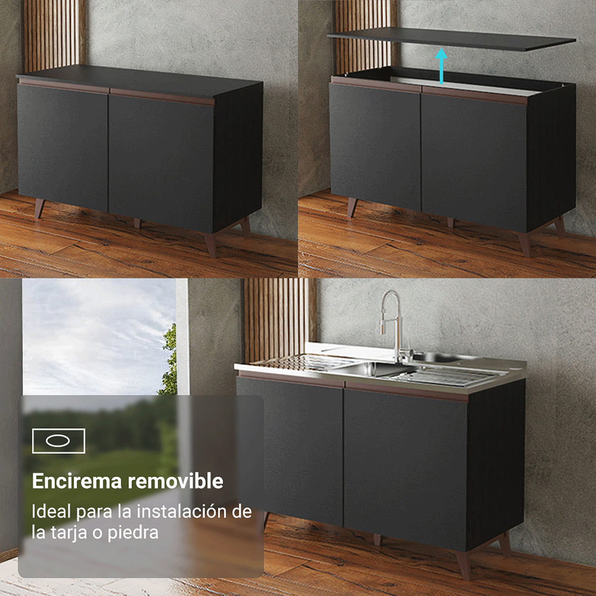 Set X 3 Muebles Inferiores de Cocina Reims Negro y Marrón 240x83cm sin Mesón sin Pozuelo y con Seis Cajones - MUEBLES INFERIORES DE COCINA | Bylmo