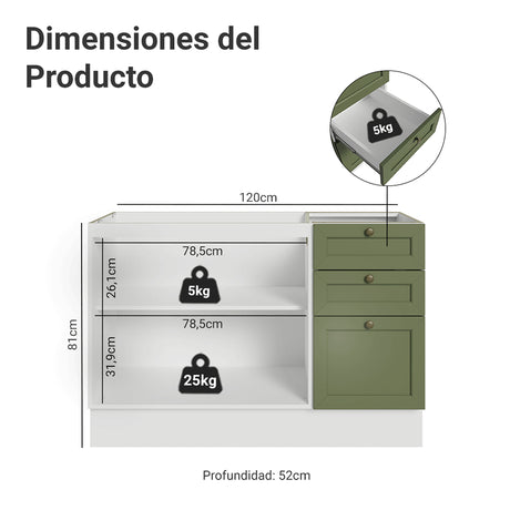 Gabinete de Cocina Vik Blanco y Verde 120x81cm sin Mesón sin Pozuelo y con Tres Cajones - MUEBLES INFERIORES DE COCINA | Bylmo